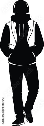 Urban silhouette, hoodie figure, walking posture, street style, casual fashion, black vector, headphone person, flat design, modern youth, anonymity concept