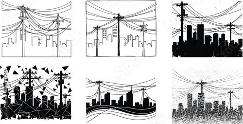 Urban skyline with multiple power lines, electric utility poles, abstract city silhouettes, artistic electricity wire landscape, black and white vector illustration set
