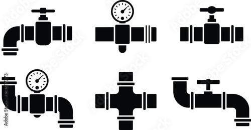 Plumbing pipe valve silhouettes set for engineering, construction, pressure systems, schematic design, vector illustration, black icons, industrial fittings isolated