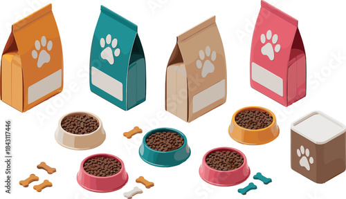 Pet food packaging set with bowls treats and containers 3d isometric illustration for dog and cat nutrition concept