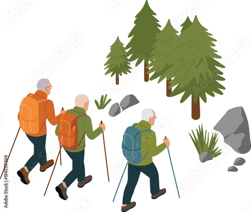 Senior hikers walking in forest with backpacks and trekking poles outdoor adventure isometric illustration active lifestyle nature concept