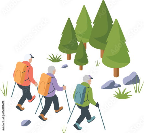 Senior hikers walking in forest with backpacks and trekking poles outdoor adventure isometric illustration active lifestyle nature concept