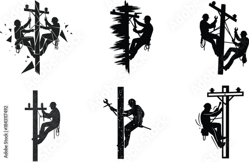 Utility lineman workers climbing power poles in dynamic silhouette illustration set, electrical technician repair scenes, safety harness vector design