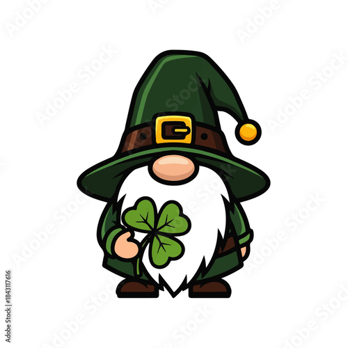 Cute St. Patrick's Day gnome with a green hat and white beard, holding a sparkling shamrock for good luck. Festive cartoon illustration for Irish celebrations.