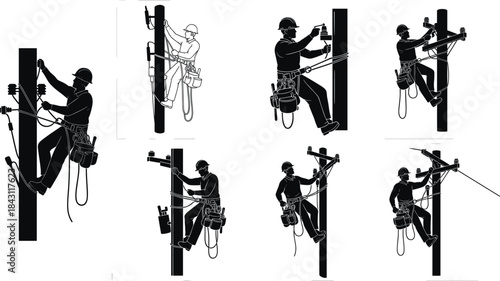 Utility lineworker climbing and repairing power pole silhouette vector set with electrician equipment, safety gear, maintenance tools, professional technician poses