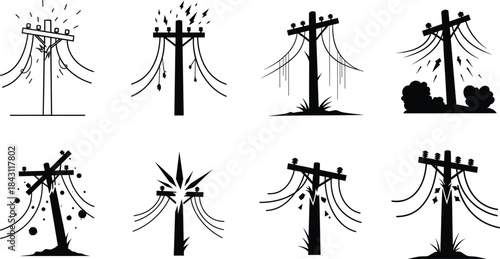 Utility pole silhouette illustrations, damaged power lines, electrical infrastructure variations, high voltage components, industrial energy system, safety hazard visuals