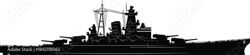 Mighty Naval Warship Silhouette Vector Graphic, Historically Accurate Outline of a World War II Era Battleship Profile, Majestic Military Vessel Design for Maritime History and Vintage