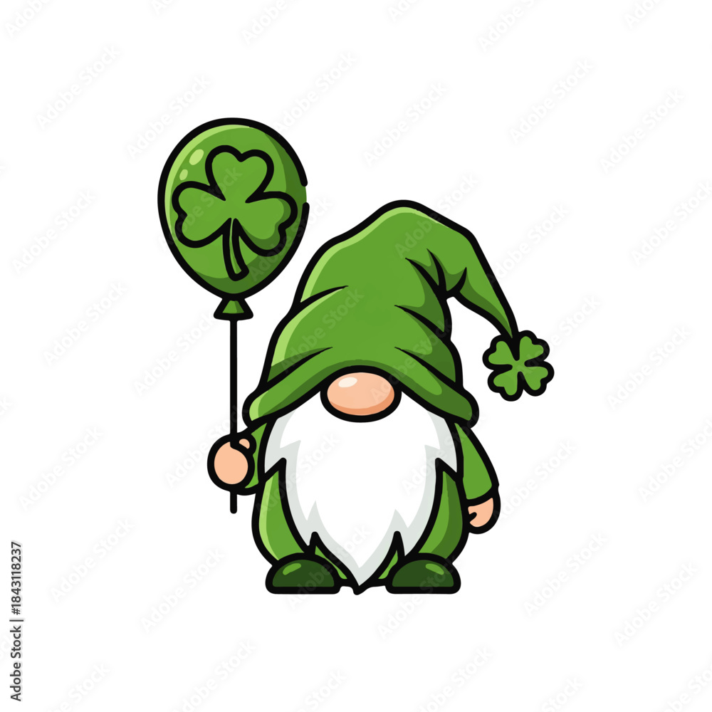 Fototapeta premium A charming St. Patrick's Day gnome in green, holding a glowing shamrock lantern and a bouquet of yellow flowers, surrounded by lucky clovers. Perfect for spring and holiday designs.