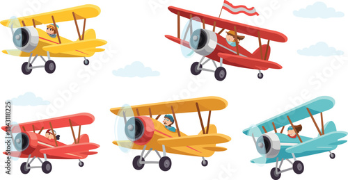 Vintage biplane airplane cartoon set colorful retro aircraft flying in sky flat vector illustration aviation travel adventure concept