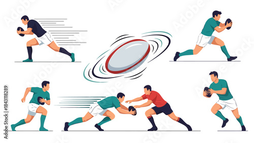 Rugby Players in Dynamic Action Poses Sports Competition Illustration