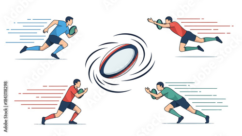 Dynamic Rugby Action Illustration Players Competing for the Ball in Fast Paced Game