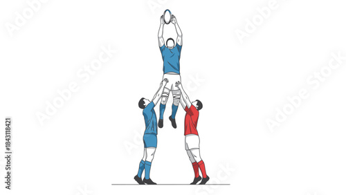 Rugby Players Jumping for Ball in Lineout Formation Sports Teamwork Illustration
