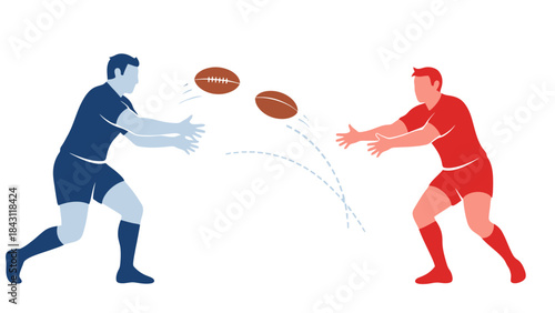 Two Athletes Passing an Oval Ball During a Competitive Team Sport Match