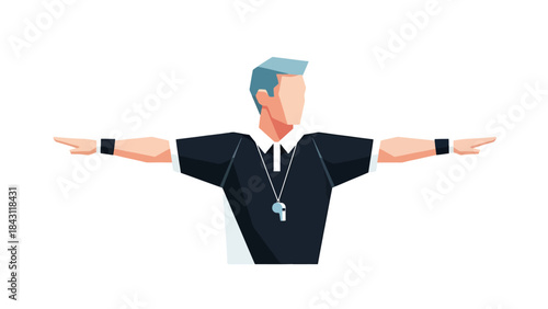 Sports Official Signaling Play with Arms Extended Whistle and Referee Uniform