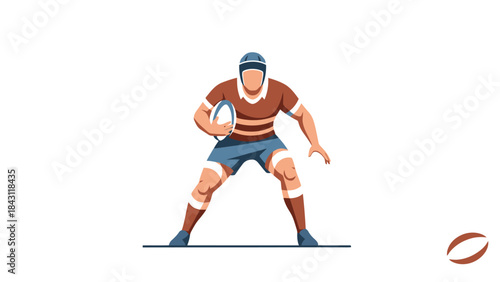 Action Illustration Rugby Player Centered Holding Oval Ball Ready to Tackle