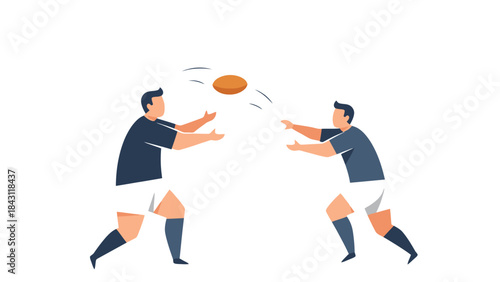 Two Athletes Competing in an Outdoor Field Sport Passing an Oval Ball