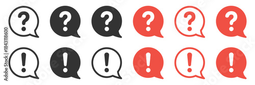 Set of question mark and exclamation mark icons, including FAQ signs, help symbols, and help speech bubble designs