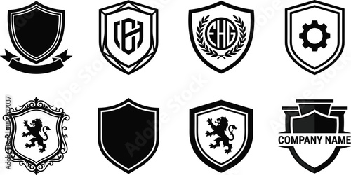 Shield Logo Emblem Set, Black and White Heraldic Designs, Corporate Identity, Prestige Branding, Lion, Gear, Ribbon, Laurel, Monogram