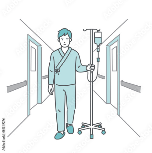 病院の廊下を点滴スタンドを押して歩く男性患者（入院生活）