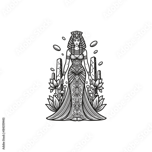 Ancient Egyptian goddess illustration standing elegantly between obelisks and blooming lotus flowers in a vintage woodcut engraving style