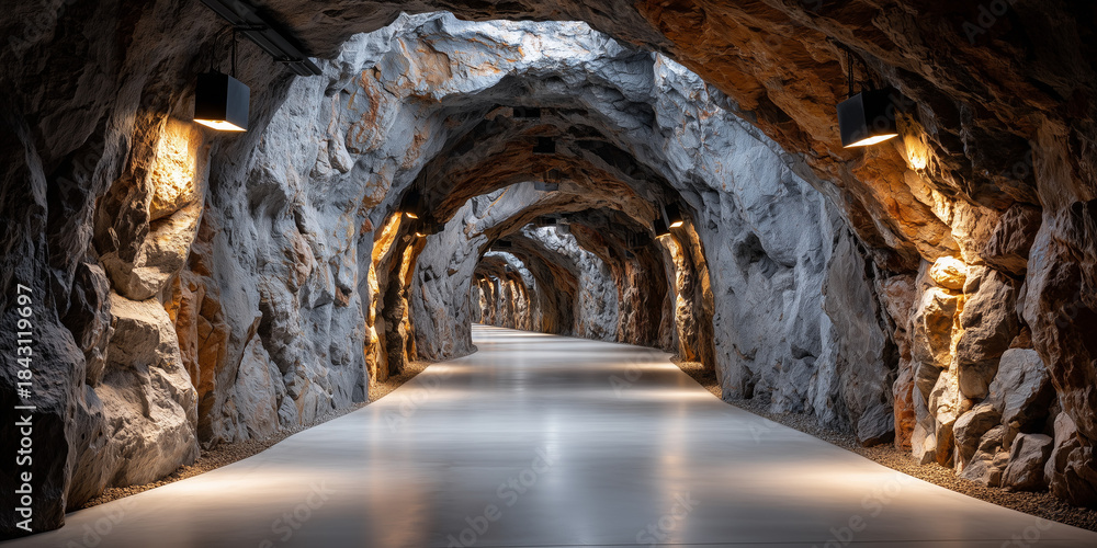 Fototapeta premium Exploring strategic minerals supply in a modern mining tunnel underground location industrial environment wide-angle view