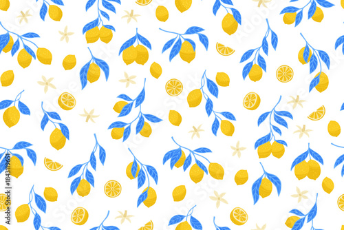 Lemons bright seamless pattern. Different blossom branches botanical boundless background. Decorative fruits juicy citrus endless design for paper print, fabric textile, wrapper backdrop template