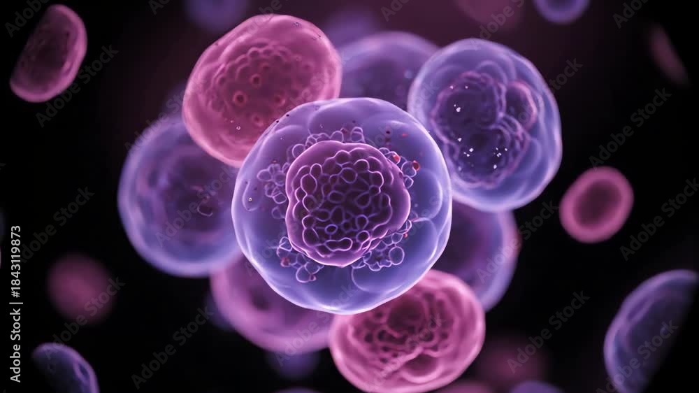 custom made wallpaper toronto digitalA detailed 3D animated microscopic view of purple and pink human cells flowing in a dark background