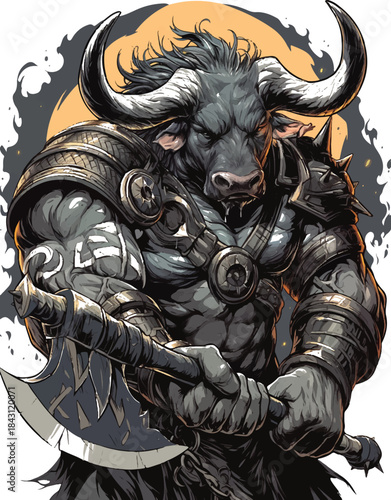 The Mighty Minotaur: A formidable Minotaur stands ready for battle, its muscular physique clad in intricate armor and wielding a fearsome axe. With its imposing presence.