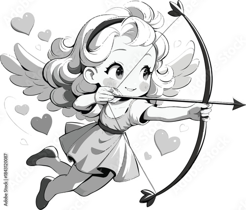Valentine's Day Cupid Illustration: A sweet illustration of Cupid, the mythological figure of love, readying to launch an arrow of affection with hearts surrounding.