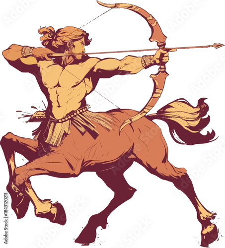 Sagittarius Illustration: A dynamic illustration captures the essence of the Sagittarius zodiac sign. A mythical centaur with a drawn bow, symbolizing the pursuit of knowledge and adventure. 