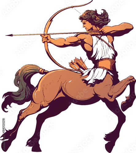 Archer of Mythology: A bold illustration of a Centaur archer, poised with bow and arrow, embodying strength and precision, ready to strike a legendary pose.