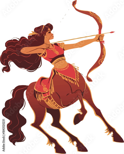 Mythical Archer in Action: A mythical archer, a captivating fusion of human grace and equine power, aims her bow with focused precision, ready to release an arrow.