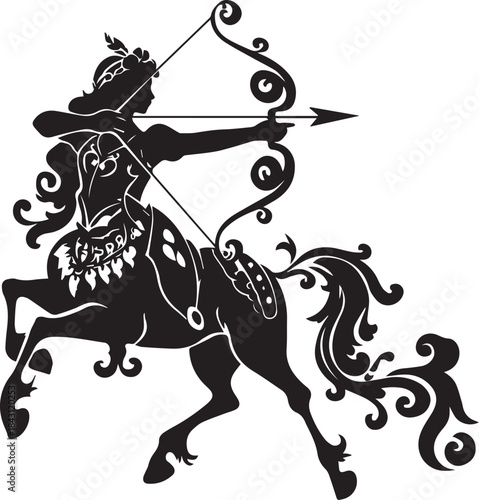 Sagittarius Archer Silhouette: A detailed silhouette captures Sagittarius, the archer, drawing a bow with precision, embodying the astrological sign's symbolic power and grace.