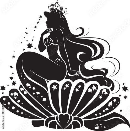 Majestic Mermaid: Silhouette of a regal mermaid with flowing locks, crown, and delicate details resting atop an ornate seashell, evoking the enchantment of the deep sea.