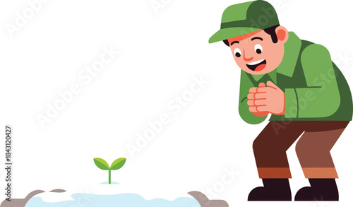 Happy gardener observing green sprout growing from snowy ground creative flat design vector composition