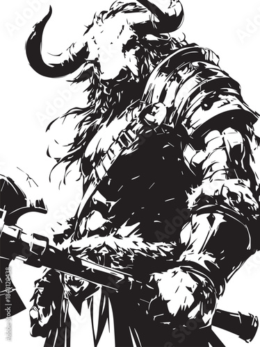 Mythical Warrior: An imposing illustration of a fierce minotaur warrior, a creature of legend, wielding a battle axe with an air of formidable power and ancient mystique. 