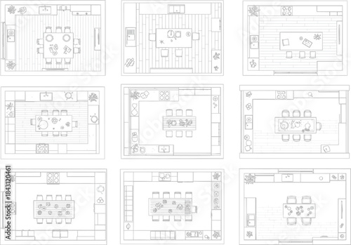 A collection of nine different black and white architectural floor plans for interior layouts
