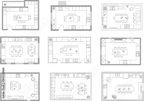 A collection of modern kitchen and dining room interior architectural plan layouts