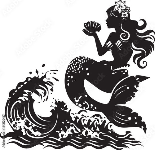 Mystical Mermaid Silhouette: The captivating silhouette of a mermaid, her flowing hair adorned with floral accents, emerges from the ocean waves. She delicately cradles a seashell in her hand.