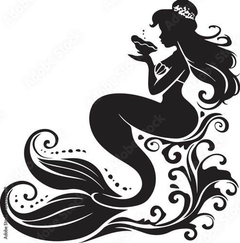 Mystical Mermaid Silhouette: A graceful mermaid silhouette is poised, gazing in wonder at a pearl, embodying the enchantment of the ocean's depths, capturing the magic of the sea.
