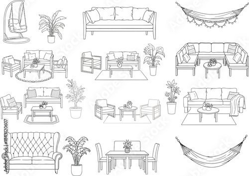 A diverse collection of furniture and interior design elements in black and white sketch style