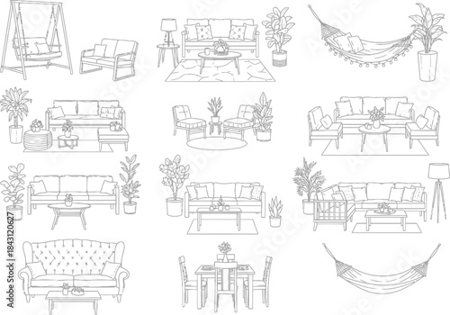 A line art collection showcasing various living room furniture arrangements and decor elements