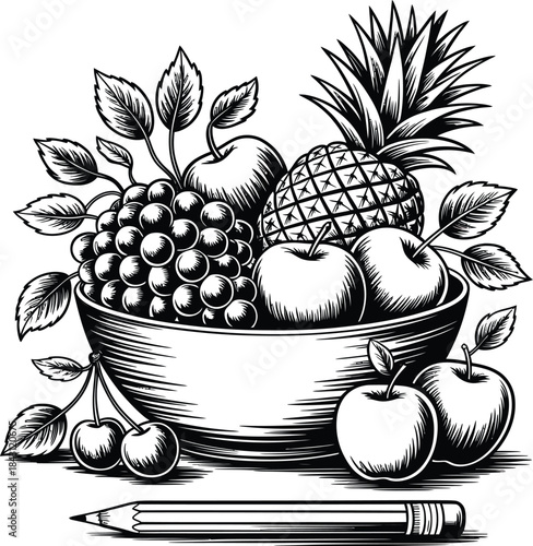 Bowl of Fruit with Apples Grapes Pineapple and Cherries in Engraving Style Still Life