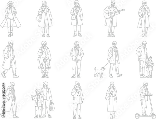 A collection of black and white line drawings featuring people in diverse everyday situations