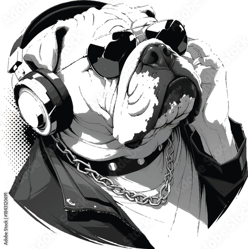 Cool Bulldog Portrait: A stylish bulldog dons headphones and shades, exuding a confident attitude in a monochrome setting.