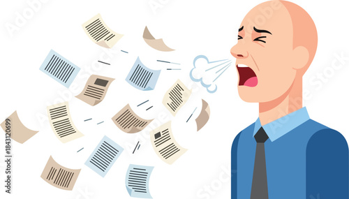 Businessman sneezing and blowing papers in office chaos flat vector illustration