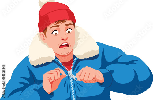 Stressed man struggling to zip winter jacket in cold weather flat vector artwork with solid colors