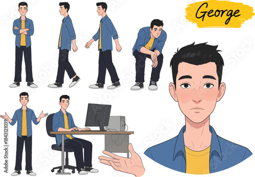 Different poses and actions for a male character named george, including walking, sitting, and working