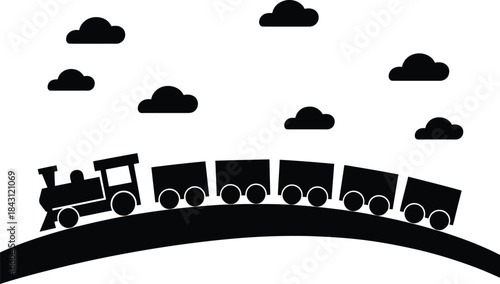 Silhouette drawing of toy train running up the hill with some clouds above it