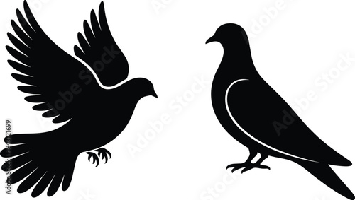 A contrasting pair of stylized black silhouette vector illustrations featuring one dove in flight with wings spread and one standing, symbolizing peace, freedom, spirituality, and hope.